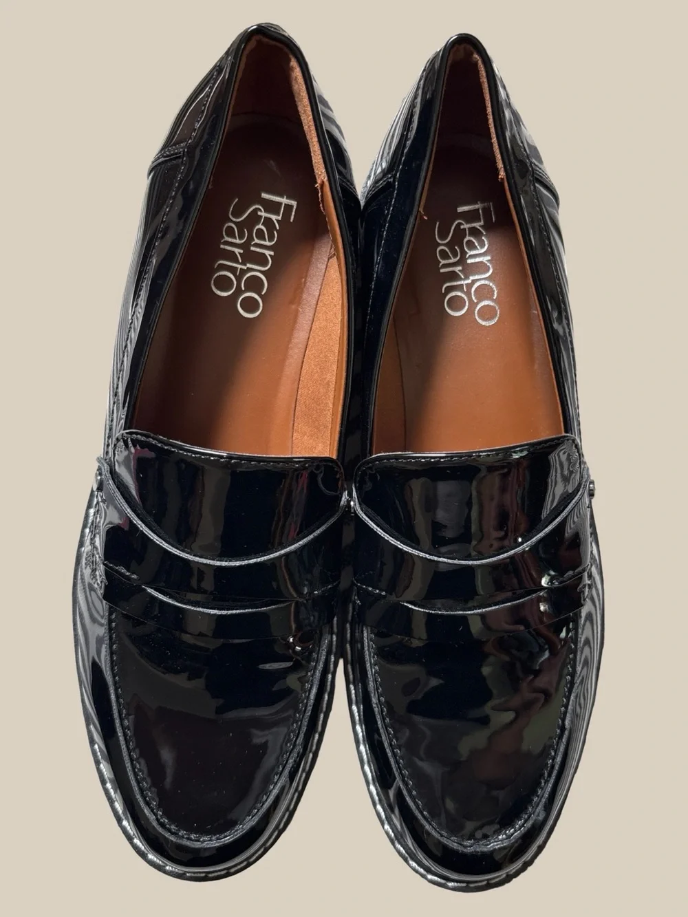 Franco Sarto Cassandra Black Patent Penny Loafers Chunky Platform NWOB SZ 6.5